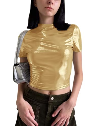 Image of Women's Shiny Metallic Short Sleeve T Shirt Sexy Mock Neck Slim Crop Top Party Disco Club Tees