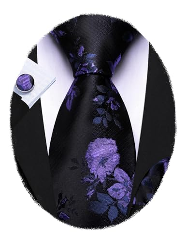 Image of Barry.Wang Flower Ties for Men Silk Woven Floral Tie Sets Necktie Handkerchief Cufflinks Wedding Party