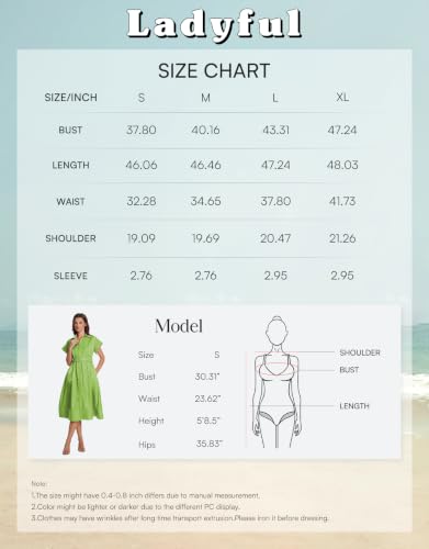 Image of Ladyful Women Casual Button Down Shirt Dress Short Wing Sleeve Buiness Midi Shirt Dress with Belt Elegant Dress