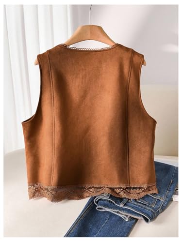 OYOANGLE Women's Plus Size Faux Suede Button Down Blazer Vests V Neck Embroidered Western Cowgirl Vest2
