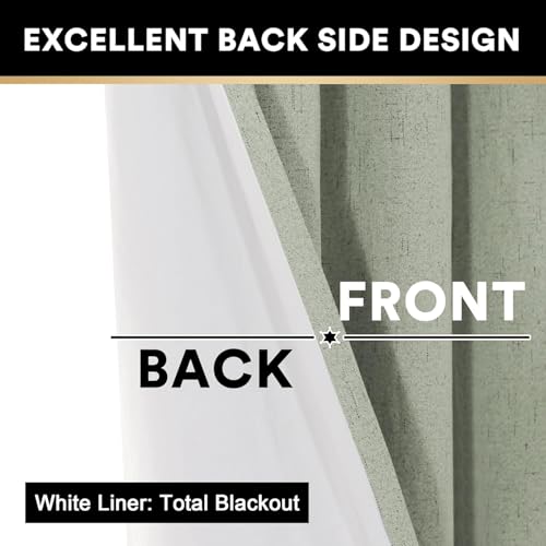 Image of PrinceDeco 100% Blackout Curtains for Bedroom Linen Black Out Curtains for Living Room 90 Inch Long Faux Linen Fabric Grommet Thermal Curtains for Summer Heat with White Liner,52X90 Inch,Sage