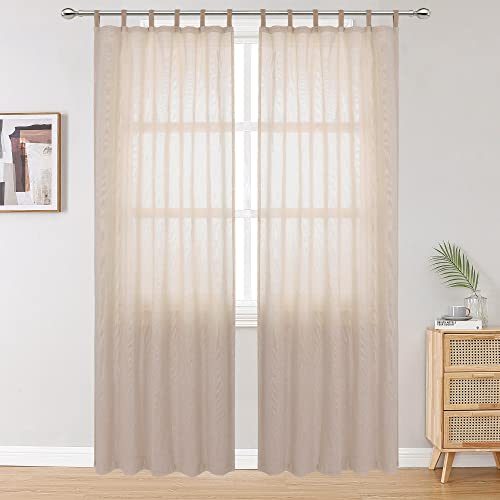 Owenie Semi Sheer Curtains 96 Inches Long, Jute Tabs Semi-Sheer Tab Top Curtain Panel Pair, Extra Long Plain Drapery Linen Textured Light Filtering For Living Room, Farmhouse Decor 2X40X96 Inch Length #TOP1