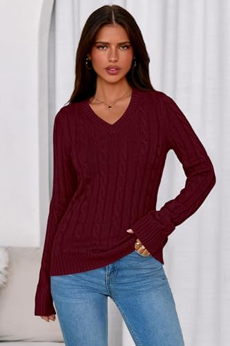 PRETTYGARDEN V Neck Cable Knit Sweaters for Women 2025 Long Sleeve Ribbed Fitted Pullover Tops Business Casual Fall Outfits(Burgundy,Small)2