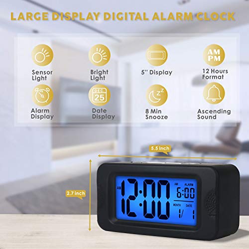 Digital Alarm Clocks - Plumeet Kids Clock Light Up All Night, 4'' LCD Display Showing Time Alarm Date - Bedside Clocks with Snooze for Bedroom Kitchen Office Battery Operated (Black)