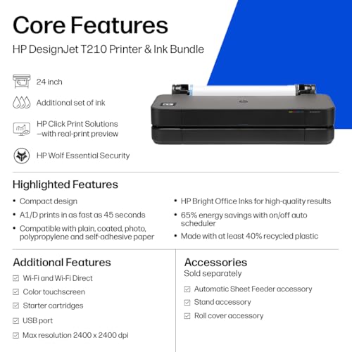 Image of HP DesignJet T210 Large Format 24-inch Poster Printer, for Easy Poster & CAD Printing. Includes up to 1-Year of Ink (8AG32L) - New Model