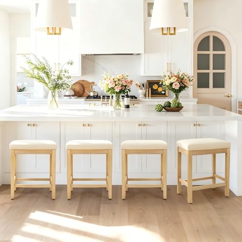Image of RNKSFX Counter Height Bar Stools Set of 4 for Kitchen Counter Farmhouse Modern Backless Barstools with Faux Leather Upholstered Seat and Solid Wood Legs 24 inch Bar Chairs, Khaki + Wood Color
