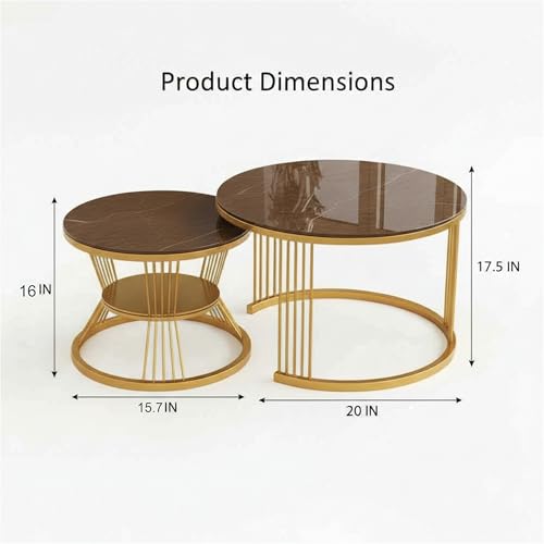 Image of Round Coffee Table Set of 2 for Living Room Wooden Top with Gold Metal Frame Modern Nesting Center Table for Sofa Area Home & Office Furniture (Golden Brown)