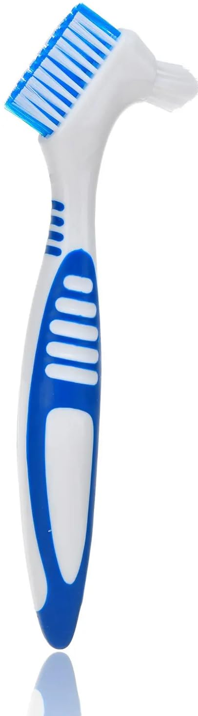 Denture Toothbrush - Double Sided Multi-Layered Bristles, Ergonomic Rubber Anti-Slip Handle, 1 Pack, Asst Colors