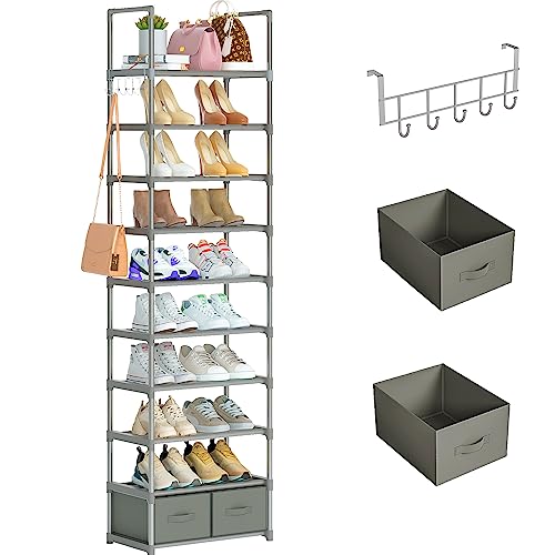 Tall-Shoe-Rack-Narrow-10-Tier-Shoes-Rack-20-25-Pairs-2-Boxes-1-Hook Tall Shoe Rack Narrow 10 Tier Shoes Rack 20 25 Pairs + 2 Boxes 1 Hook - Image 1
