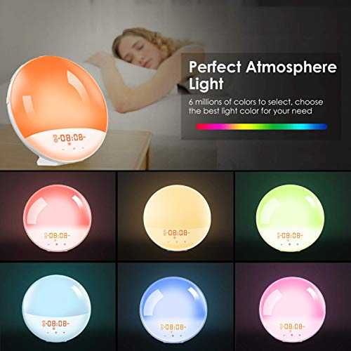 Luz LED para despertar, simulador de amanecer, despertar luminoso temporal, 20 niveles de brillo simulador de amanecer y atardecer, 8 sonidos naturales con función Snooze Nightlight