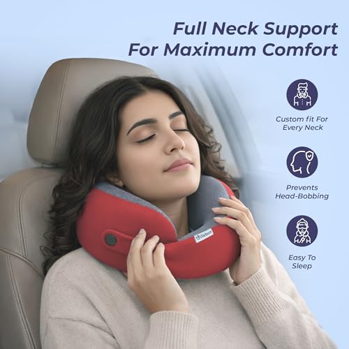 Image of Billebon Memory Foam Neck Pillow, Snake Shape Travel Pillow with Snap Button, Neck Pillow for Travelling & Flight Travel, Ergonomic Support for Comfort & Pain Relief(Red Single)