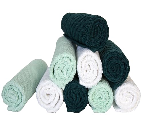 Image of PH Pleasant Home Diagonal Wash Cloths Set - 12 Pack (12 inch x 12 inch) - 509 GSM - 100% Ring Spun Cotton Wash Cloth - Super Soft and Highly Absorbent Face Towels (Green, White & Mint)
