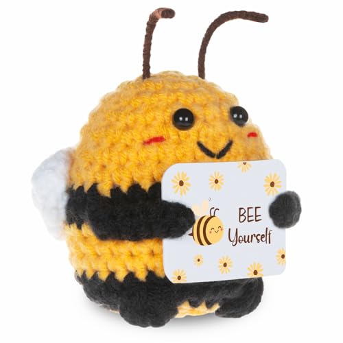 WenmthG „Be Yourself“ Emotional Gifts - Funny Positive Crochet Honeybee, Handmade Doll Support Animals Gifts for Women Men Friends Coworkers