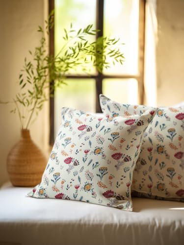 Image of Rang Hand Block Printed Cushion Cover Set | Cushions Cover for Home & Office | 100% Cotton Fabric | Quilted | Size - 16 x 16 Inches | Pack of 2 Cushion Covers | Color - White