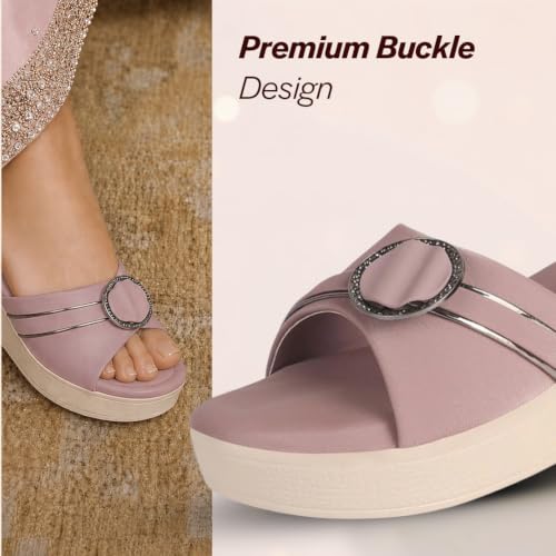 Image of FAUSTO Women Buckle Design Wedge Heel Sandals | Comfortable Slip-On Platform Slides For All Day Wear, Casual and Party | Soft Cushioned Insole