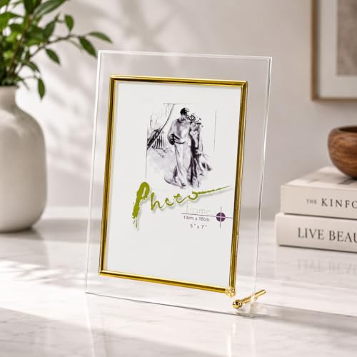 Image of Premium Crystal Glass Photo Frame 5x7 Inch | Elegant Gold Plated Inner Border with Metallic Stand Studs | Transparent Floating Tabletop Wedding Picture Frame for Home & Office Decor by MINT ART