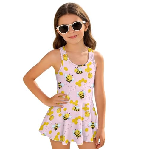 Howilath Bee Girls One Piece Swimsuit with Sleeveless Pink Tank and Skirt All-in-One Swim Dress Bathing Suit 3-13 Years