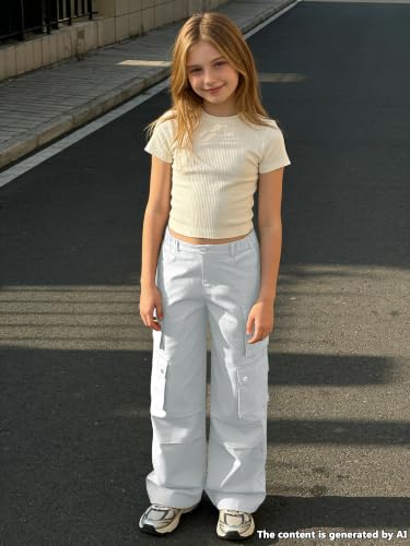 Image of SANGTREE Girls Wide Leg Cargo Pants Multi Pocket,6-14 Years | Cotton High Waist Baggy Trousers with Pockets Teen Y2K Streetwear School Pants| Back-to-school,Outdoor Play