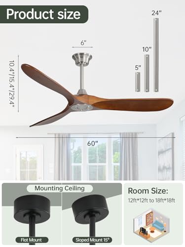 Image of Sofucor 60 Inch Wood Ceiling Fan No Light with Remote, Modern, 3 Blades | Without Light, Quiet Reversible DC Motor, 6 Speeds, Indoor /Covered Outdoor /Bedroom /Living Room /Patio, Sandy Nickel+Brown