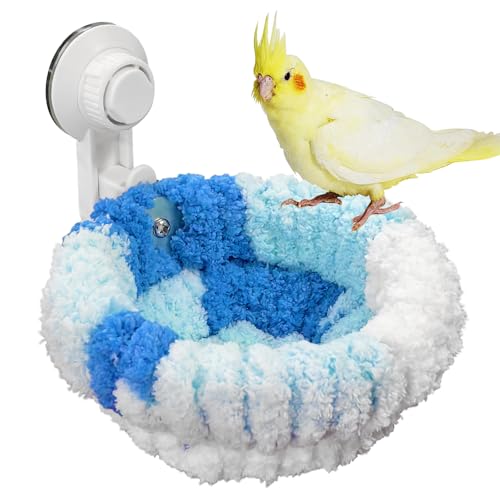 Image of kathson kathon Window Bird Bed with Suction Cup, Winter Warm Bird Plush Nest Parrot Sleeping Bed for Budgie Lovebird Conure Quaker (Diameter 6.7in, Blue)