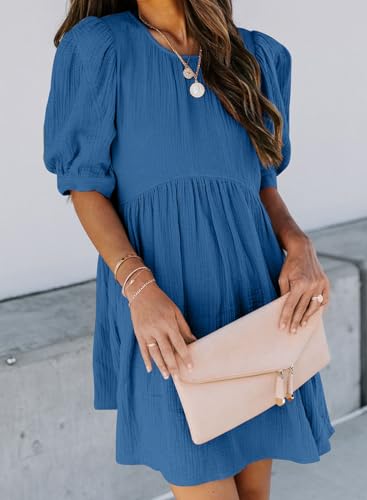 Image of Dokotoo Womens Summer Crewneck Puff Sleeve Babydoll Elegant Empire Waist Mini Swing Skater Dresses with Pockets