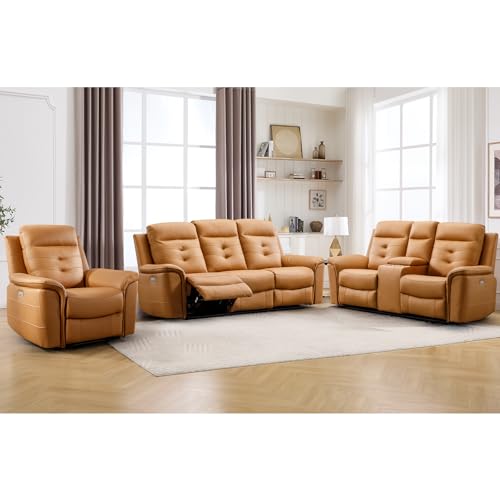 Image of ANJ 3-Piece Power Recliner Sofa Set with Charging Port, Include Single Recliner Chair, 2-Seater Loveseat with Hidden Storage & Cup Holders and 3-Seater Reclining Couch for Living Room, Yellow