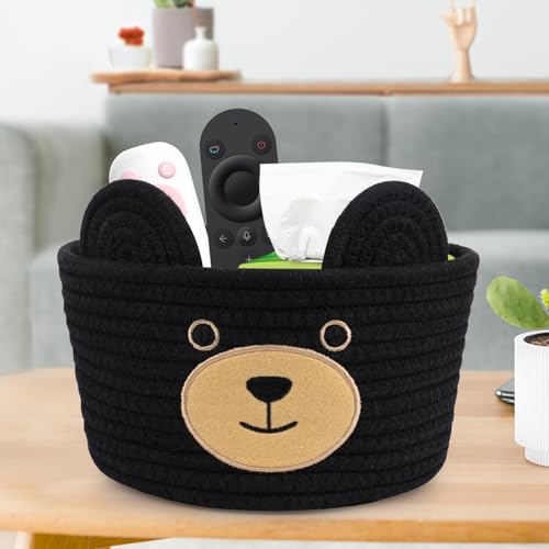 Image of Cute Black Bear Basket for Nursery- Small Animal Gift Basket,Soft Woven Rope Cotton Storage, Shower Baby Towel 0rganizer with Bear Ears, Candy Blanket Towel Decor Storage Bin, 8.2 inchD x 4.7 inchH IN