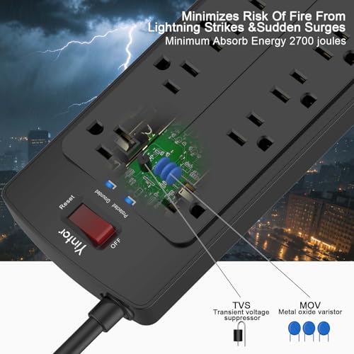 Image of 6 Feet Extension Cord Power Strip, Yintar Surge Protector with 12 AC Outlets and 4 USB Ports, 2700 Joules, ETL Listed, Black