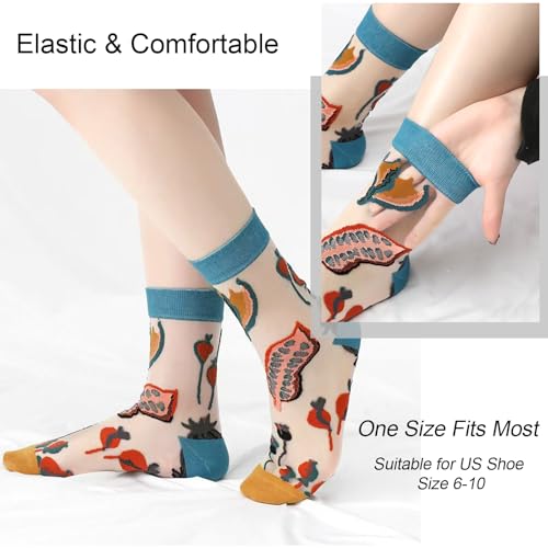 Image of DXYAKY Women's Sheer Floral Embroidered Socks - Vintage Transparent Thin Mesh Crew Socks, Cute & Fashion Lace Aesthetic Ankle