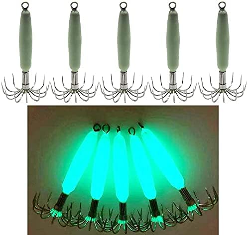 5 ganchos luminosos para calamar de 12 agujas de acero inoxidable fluorescente, manga de sepia, cebos de calamar de pesca nocturna, señuelos de agua