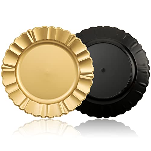 Cedilis 12 Pack Gold Plastic Charger Plates, 13 Inch Round Charger For Dinner Plate, Fluted Edge Charger Plates For Wedding Party Decoration #TOP2