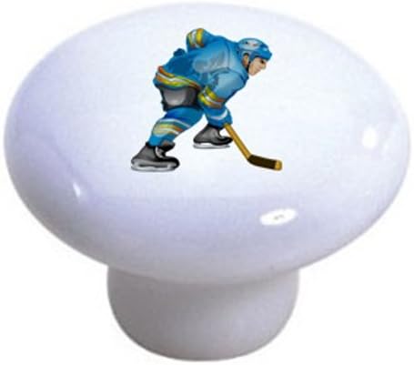 Set of 2 Blue Hockey Player Ceramic Cabinet Drawer Pull Knobs