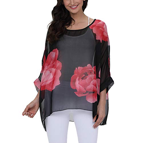 Image of Ckikiou Plus Size Batwing Flowy Semi Sheer Chiffon Blouse Tunic for Women Summer Floral Print Boho Beach Cover ups