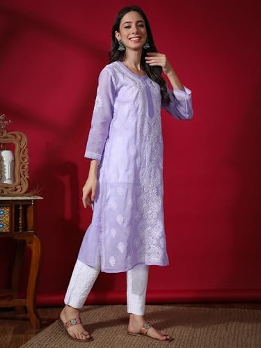 Image of Seva Chikan Hand Embroidered Lucknowi Chikankari Appricot Cotton Kurta Kurti for Women SCL4321