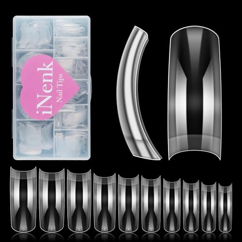 INNEK Clear Tapered Square C Curved Nail Tips, INENK Long Square Half Cover Fake Nail Tips for Acrylic Nails Professional Dip Powder Nail Salons and DIY Nail Art 80 90s(500PCS 10SIZES)