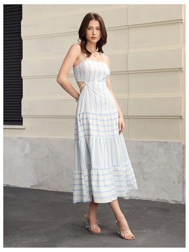 Image of MakeMeChic Women's Striped Maxi Dress Spaghetti Strap Side Cut Out Backless Summer Flowy Dresses