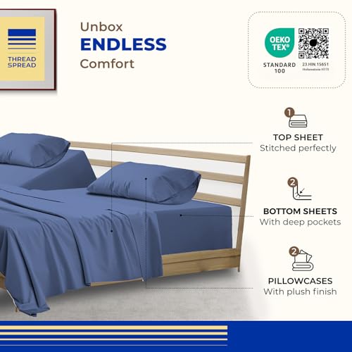 Image of THREAD SPREAD Split King Sheet Set, Luxury 1000 Series Paradise Collection 100% Egyptian Cotton Split King Sheets Sets for Adjustable Bed (5 PC, Deep Blue), Soft, 16 inch Deep Pocket Hotel Sheets