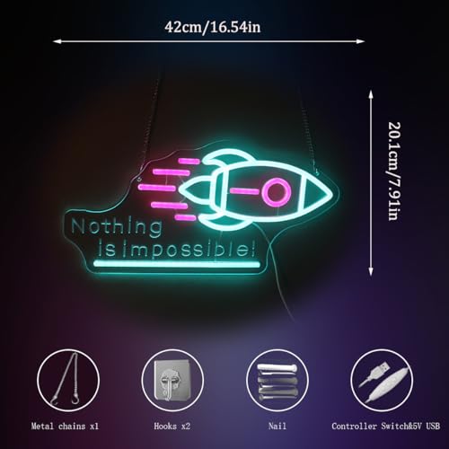 Image of inchNothing Is Impossible! inch Rocket Neon Light for Gaming Room Office - Motivational LED Wall Art, Dimmable USB Space-Themed Decor for Study Gym, Inspiring Gift for Gamers Teens Entrepreneurs