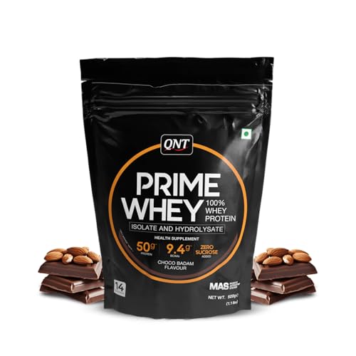 Image of QNT Prime Whey Protein Powder | Choco Badam, 500 gm | Triple Blend of Whey Isolate, Concentrate & Hydrolysate | 25g Protein, 4.7g BCAA per Scoop | Best Whey Protein Powder for Men & Women