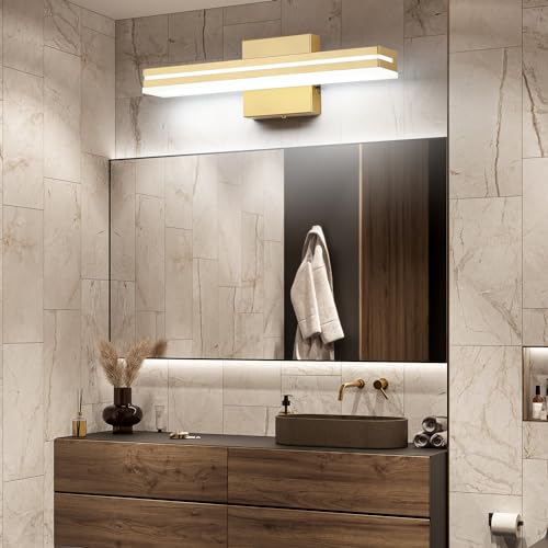 Image of SineRise LED Modern Bathroom Vanity Light Fixtures (16-Inch, 3000K /4000K /6000K, Dimmable), Gold Modern Acrylic Bathroom Wall Lighting Fixtures Over Mirror