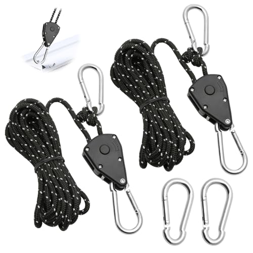 2 Pcs 4M Ratchet Ropes, Grow Lights Ratchet Hangers with 2 Replacement Snap Hooks Metal, Adjustable Heavy Duty Rope Hanger for Grow Room Equipment and Outdoor Camping (Black)