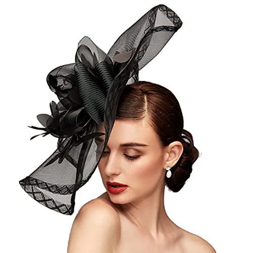 TS Fascinators Hat Mesh Floral Feather Fascinator Headband for Wedding Cocktail Tea Party or Special Occasion, Black, One size