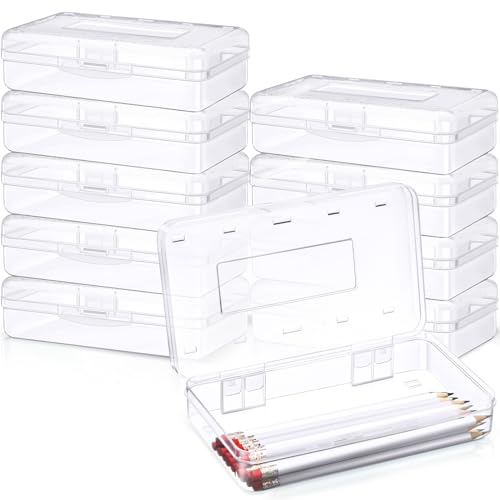 Blulu 10 Pack Plastic Pencil Box Clear Pencil Case Bulk Hard Crayon Storage Box with Lid Snap Closure Painting Marker Organizer Large Capacity for Office Supplies