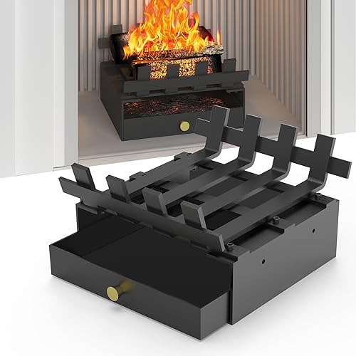 Air Jade Fireplace Grate with Ash Tray, 10 Wide Heavy Duty Wrought Iron Fireplace Log Grate, Firewood Burning Rack Holder with Ash Pan for Indoor Chimney Hearth, Wood Stove, and Small Fireplace