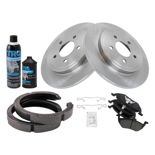 Image of TRQ Brake Pad & Rotor Kit, with Chemical Kit Parking Brake Shoe Set Ceramic Compatible with 2008 Mazda Tribute