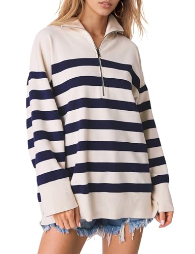 Image of Knit Coastal Stripe Pullover for Women Oversized Fit Medium Weight Sweater with Quarter Zip Neckline 2024 Fall Winter Sweater
