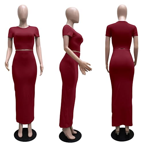 Image of Women 2 Piece Bodycon Maxi Skirt Set & Crop Top Summer Outfits | Soft Stretchy Fabric, Slim Fit, Short Sleeve, High Waist, Casual Lounge Matching Sets, Dressy Vacation Outfit, Date Night