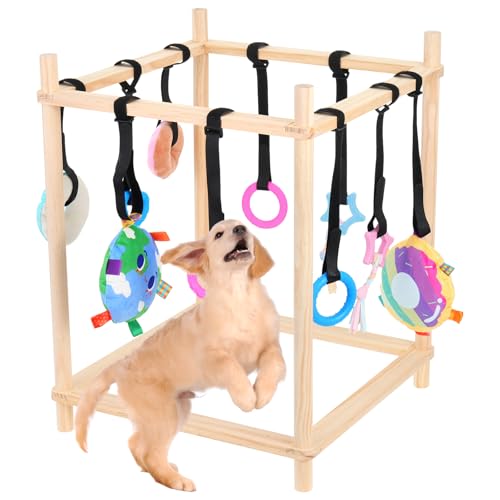 Sibosen Wooden Puppy Play Gym with 10 Hanging Toys for Small Dogs Indoor Jungle Playground Wood Frame with Interactive Funny Enrichment Toys Dogs Activity Center Durable