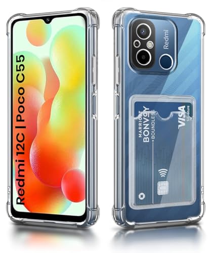 Image of WOW IMAGINE Transparent Back Cover Case for Xiaomi Redmi 12C | Poco C55 | Flexible Built-in Slim Card Pockets Wallet | 360 Camera Protection TPU | Soft Silicone Mobile Cover - Transparent