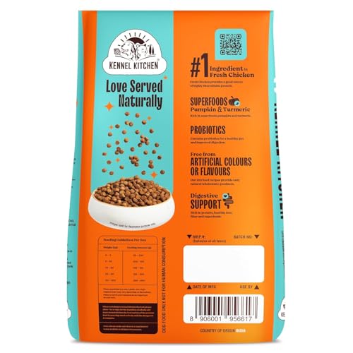 Image of Kennel Kitchen Dry Dog Food Adult 3 Kg | Fresh Chicken with Superfoods - Pumpkin & Turmeric | Probiotics for Digestive Support | No Artificial Colors or Flavours | Complete & Balanced for All Breeds